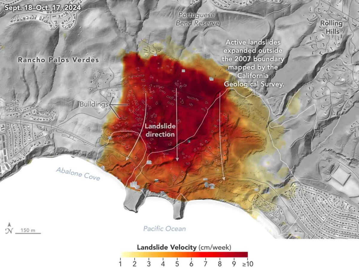 Vista de los deslizamientos de tierra en la península de Palos Verdes. Foto: Jet Propulsion Laboratory (NASA)