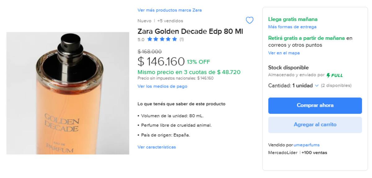 Zara Golden Decade es el dupe de LIBRE de YSL. Foto Mercado Libre